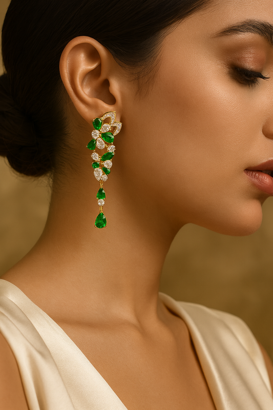 Emerald Blossom Drop Earrings | Gold-Plated Crystal Statement Dangles