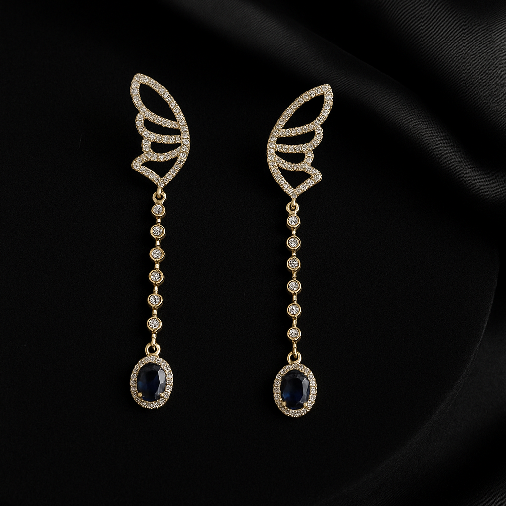 Midnight Elegance Butterfly Drop Earrings | Gold-Plated Sapphire Dangles