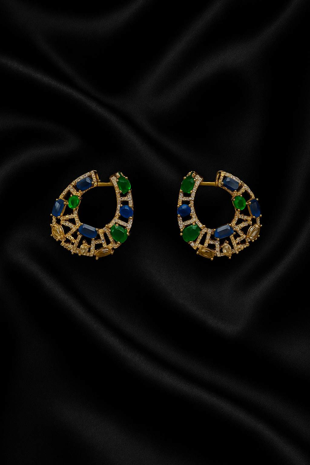 Royal Mosaic Hoop Earrings | Gold-Plated Blue & Green Crystal Statement Hoops