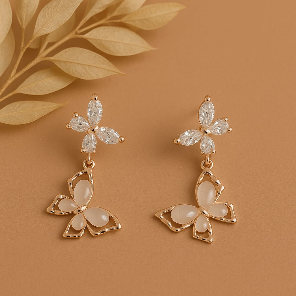 Rose Gold Butterfly Drop Earrings | Crystal Dangle Earrings for Women & Girls