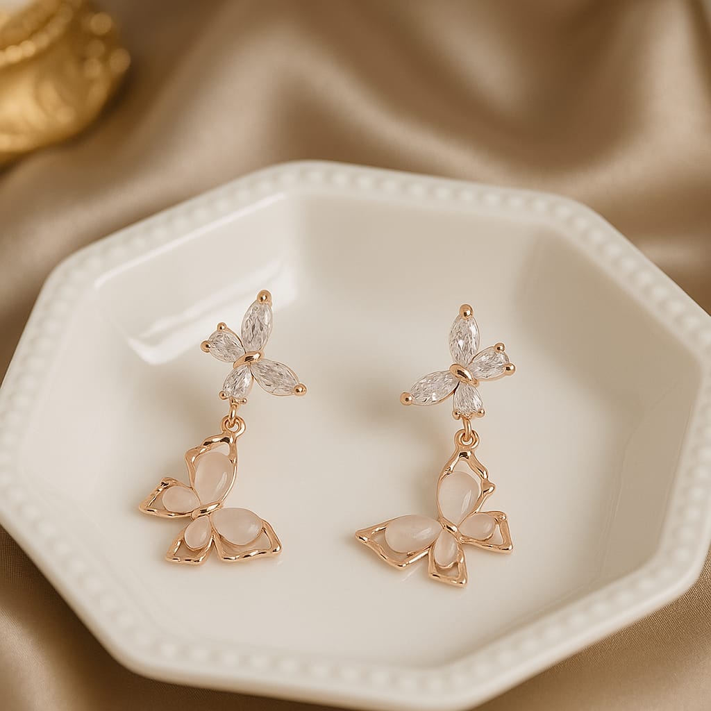 Rose Gold Butterfly Drop Earrings | Crystal Dangle Earrings for Women & Girls