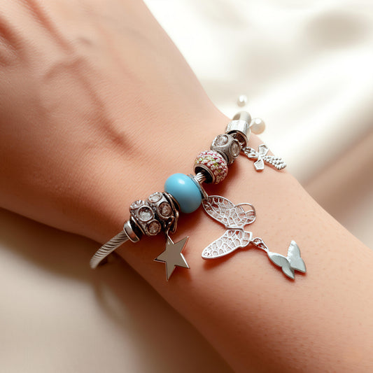 Blue Beads and Butterfly Silver Charm Bracelet