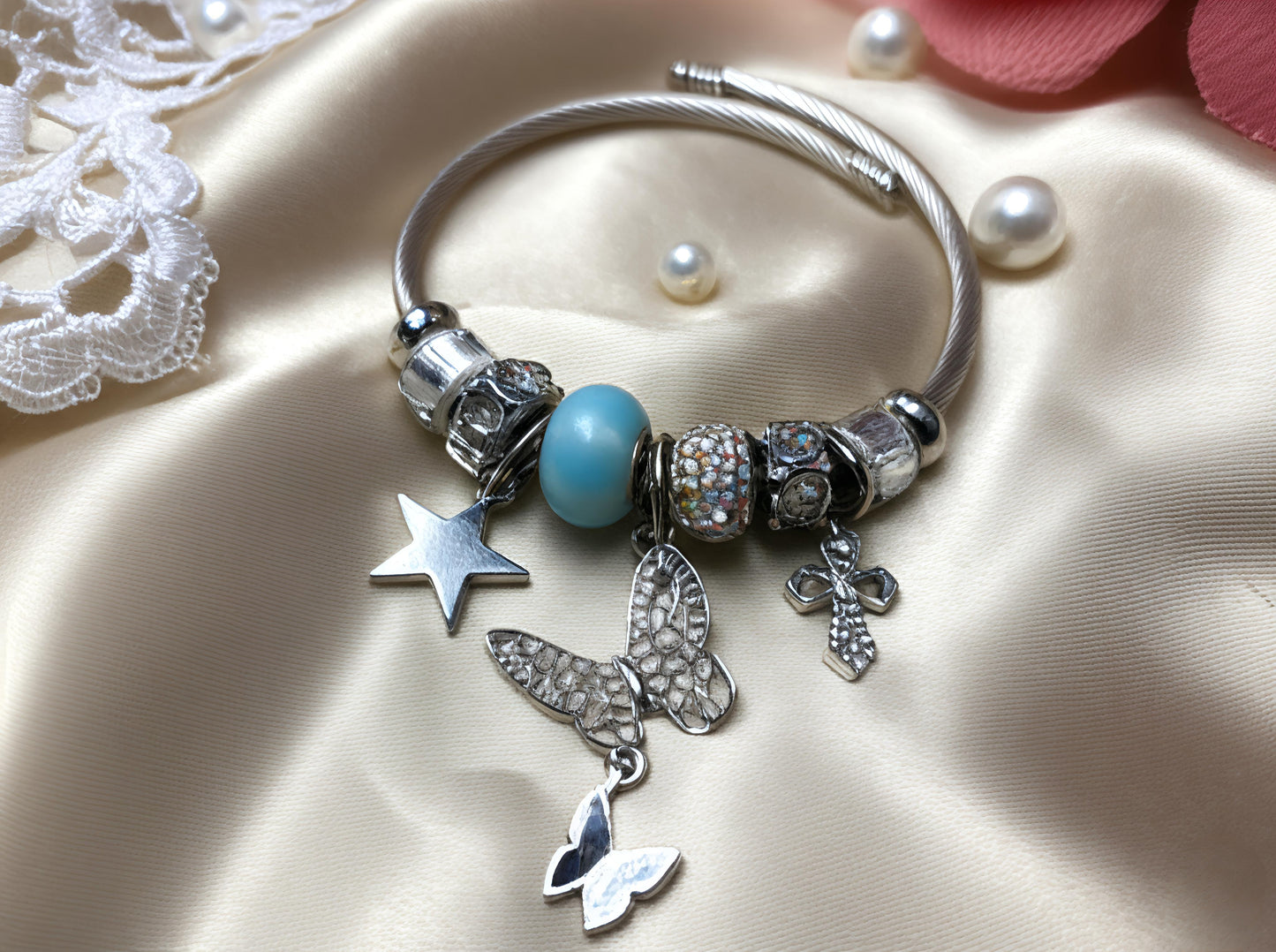 Blue Beads and Butterfly Silver Charm Bracelet
