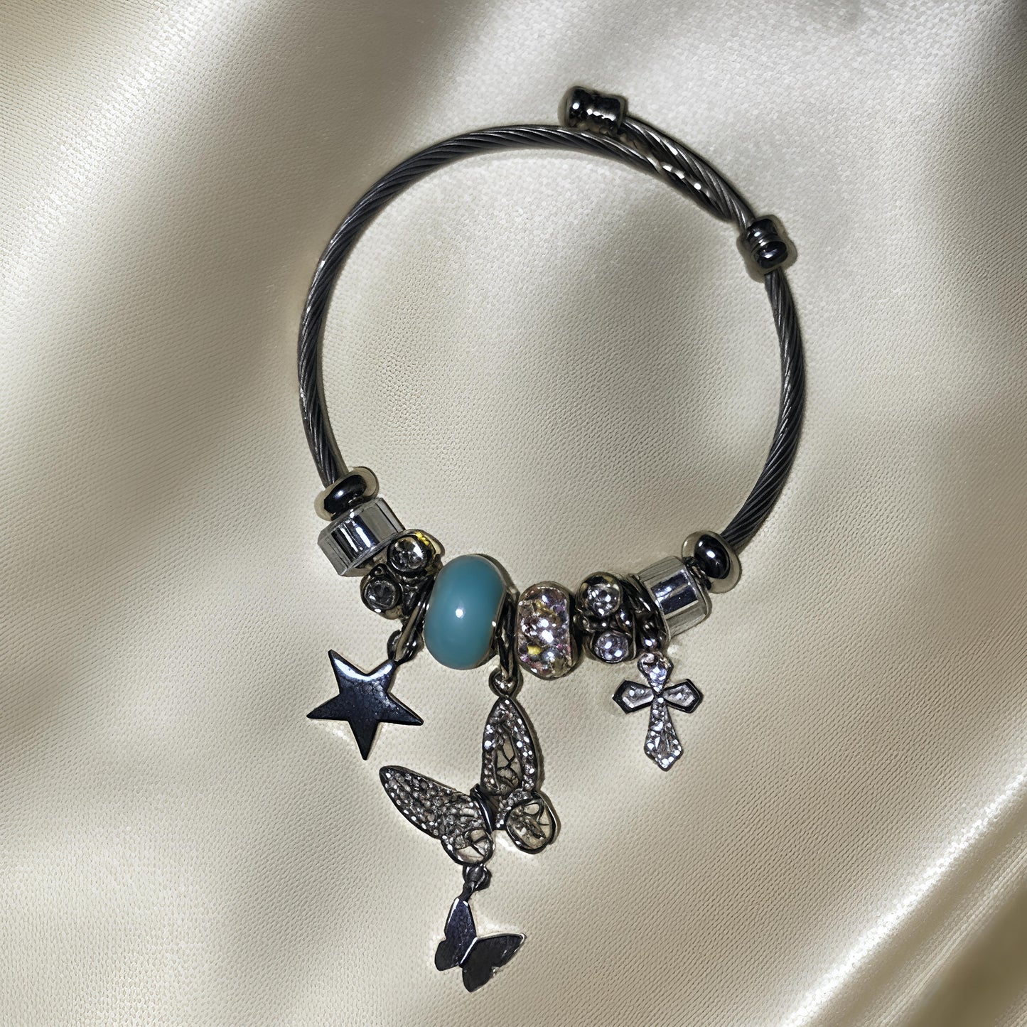 Blue Beads and Butterfly Silver Charm Bracelet