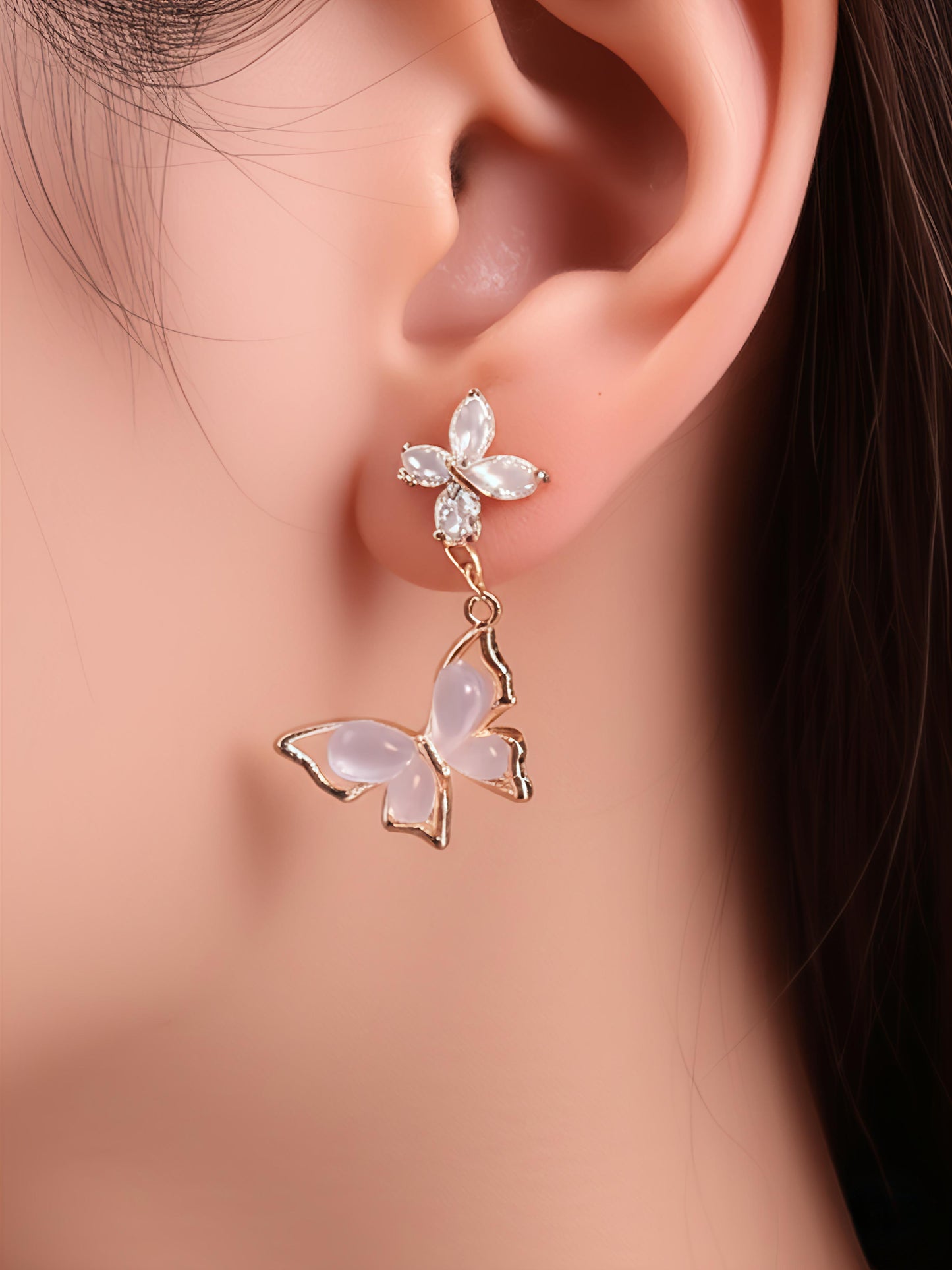 Rose Gold Butterfly Drop Earrings | Crystal Dangle Earrings for Women & Girls