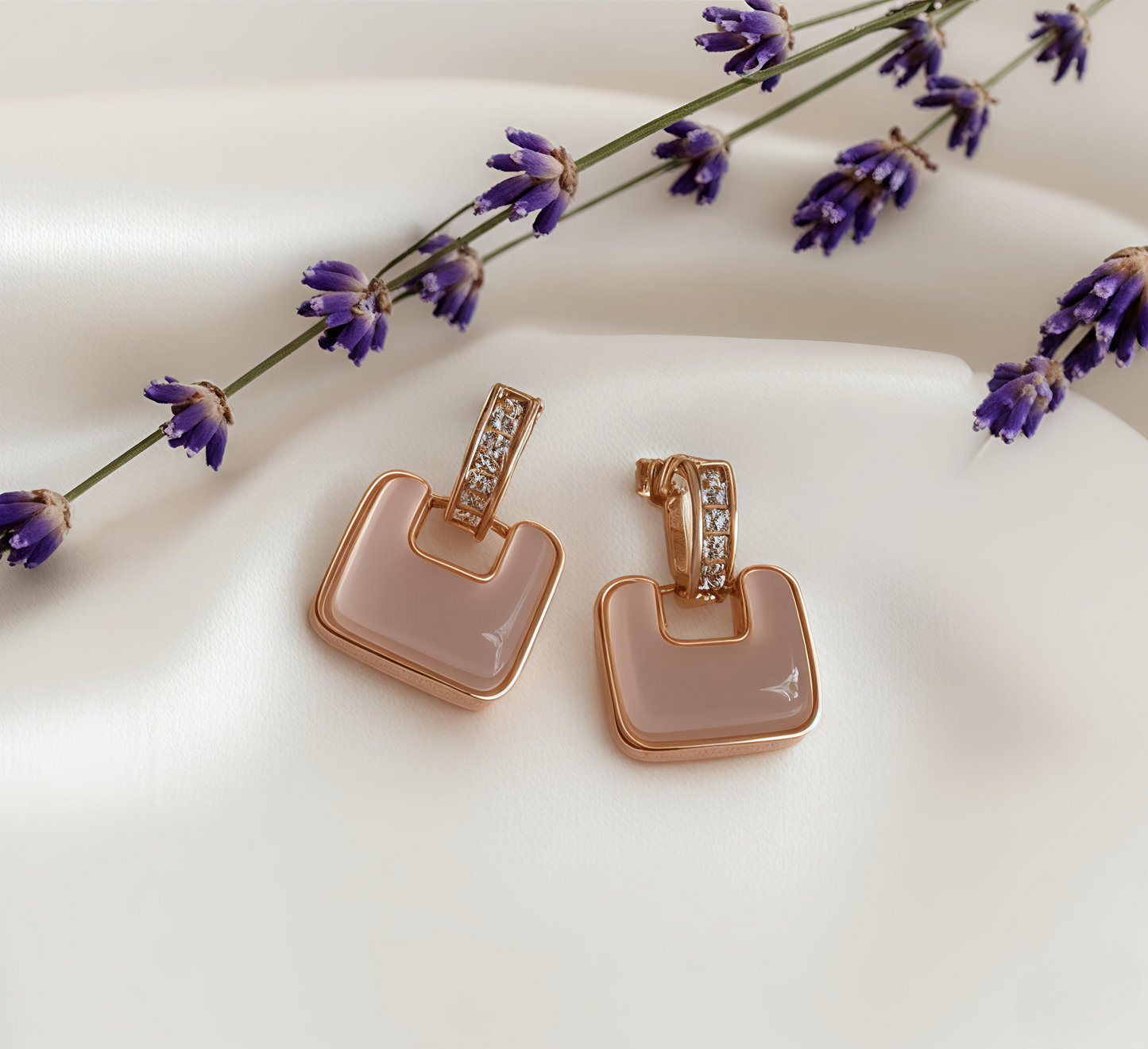 Rose Gold Geometric Drop Earrings with Pink Enamel