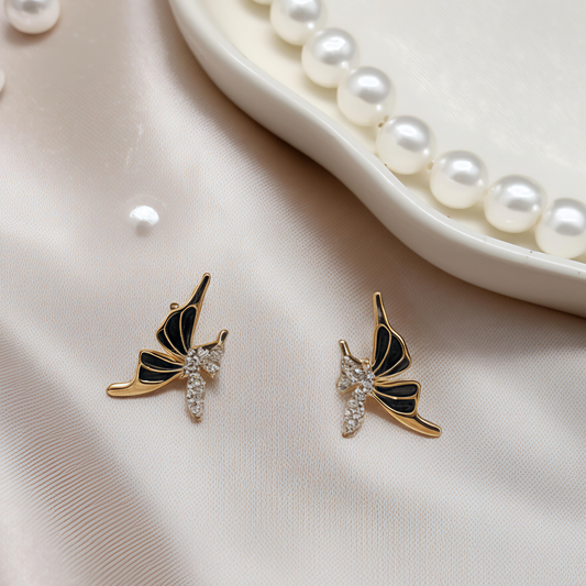 Elegant Black Enamel & Crystal Butterfly Stud Earrings