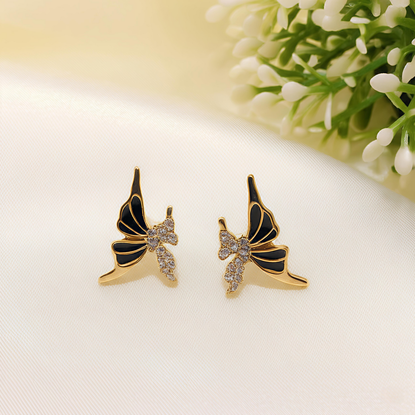 Elegant Black Enamel & Crystal Butterfly Stud Earrings