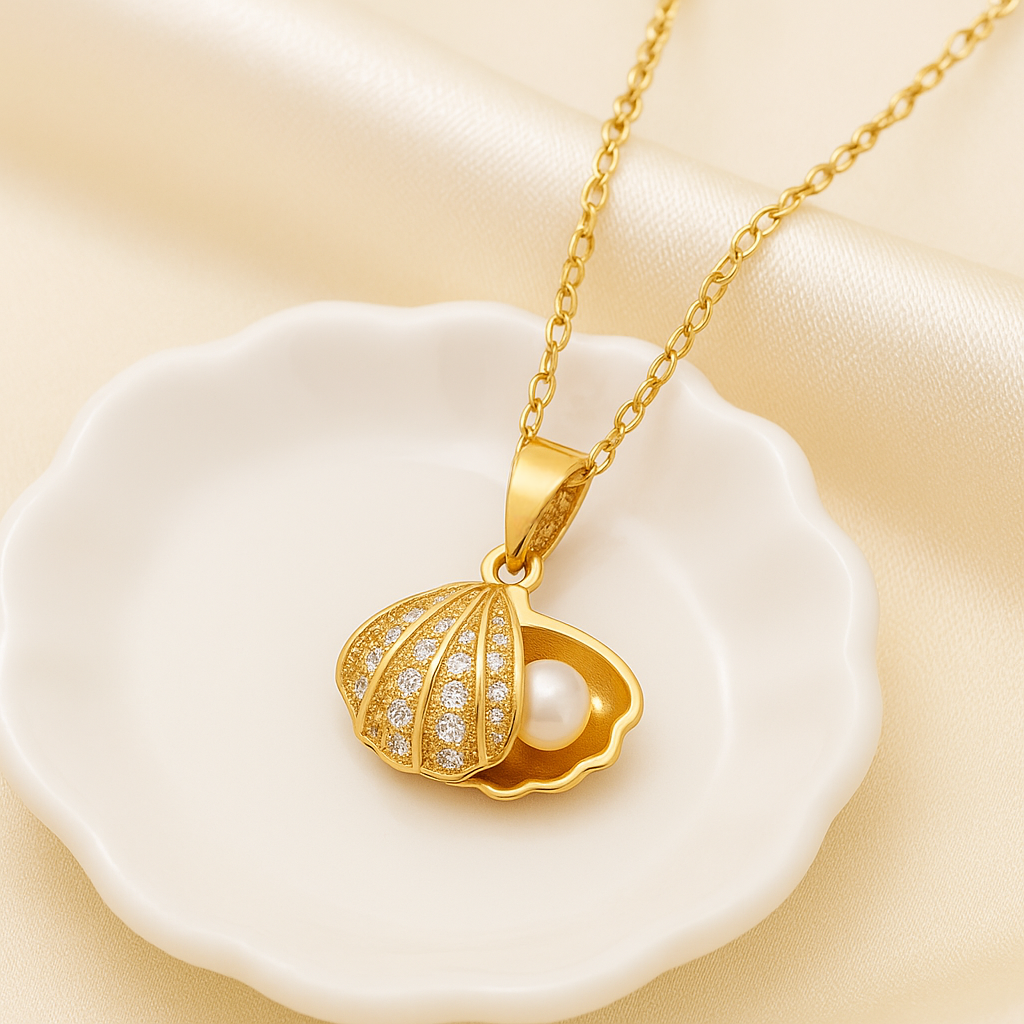Gold Sea Shell Pearl Pendent Necklace