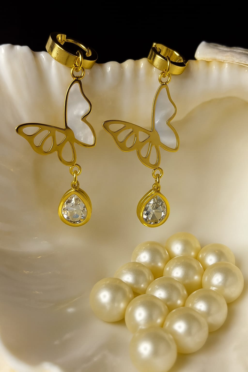 Gold Butterfly Drop Earrings with Crystal