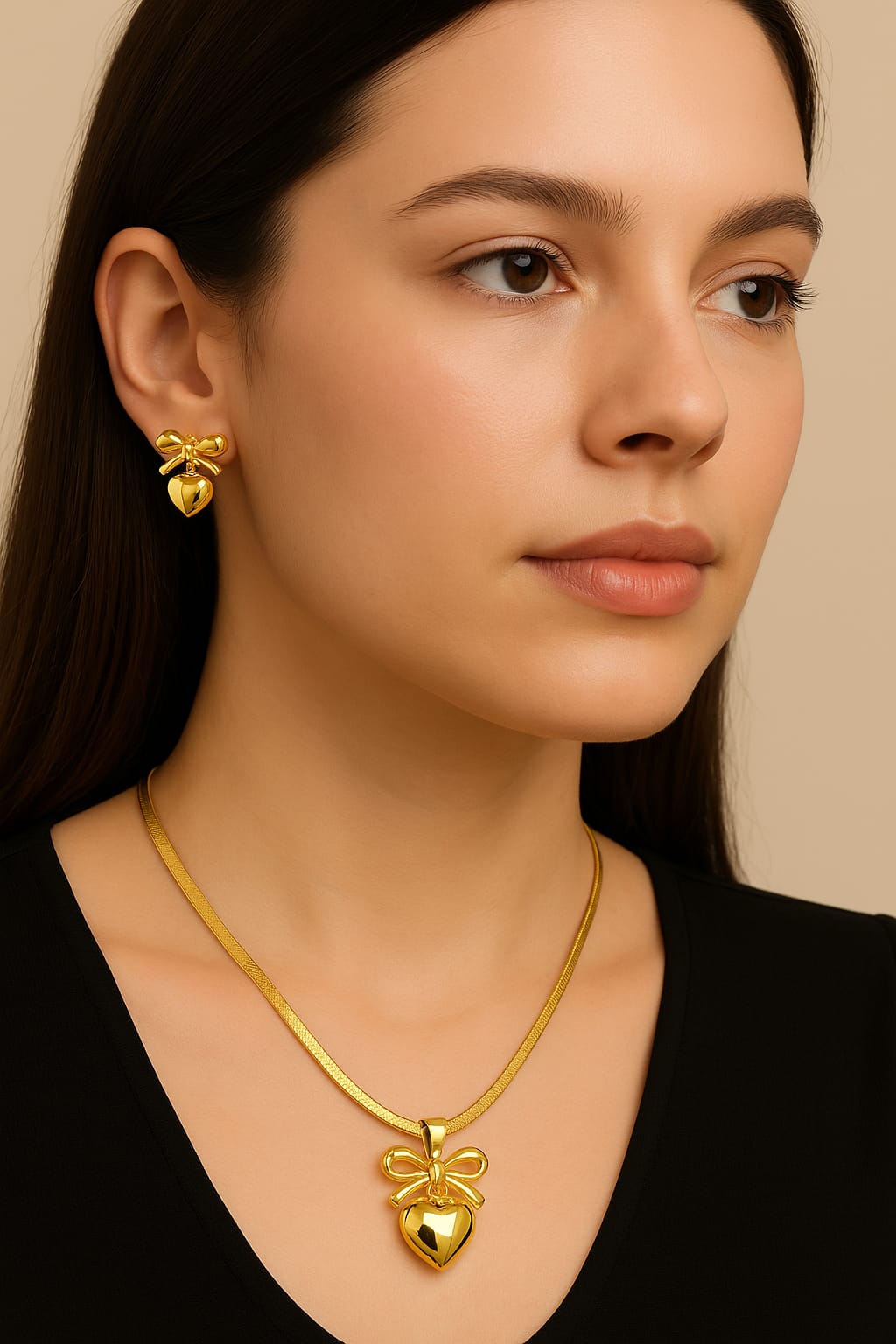 Elegant Gold Heart Bow Jewelry Set