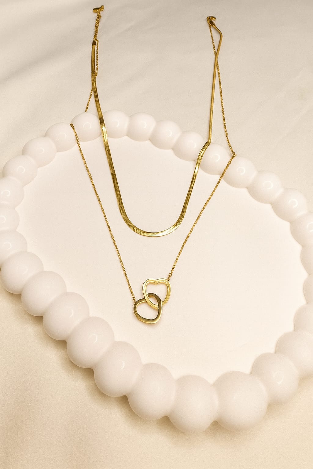 Gold Plated Double Layer Necklace- Interlocking Heart Pendant
