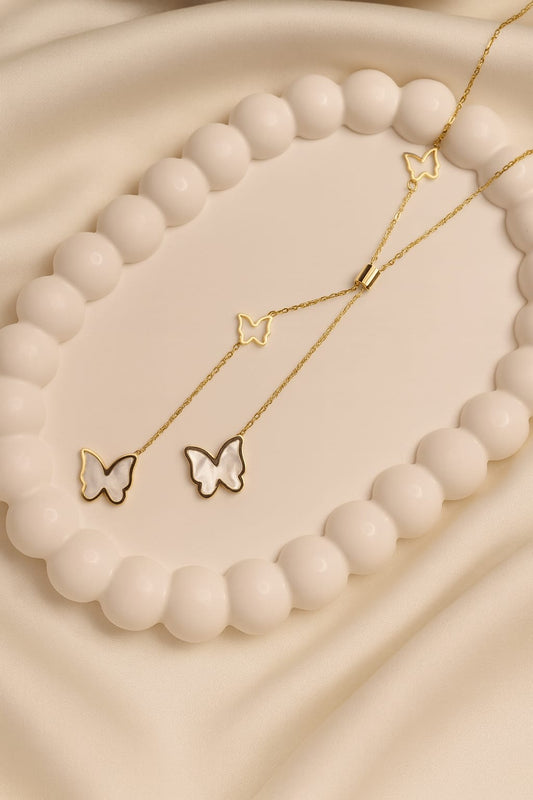 Gold Butterfly Pendant Lariat Necklace with Mother of Pearl Charms