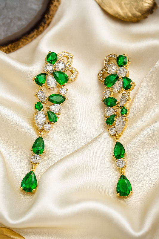 Emerald Blossom Drop Earrings | Gold-Plated Crystal Statement Dangles