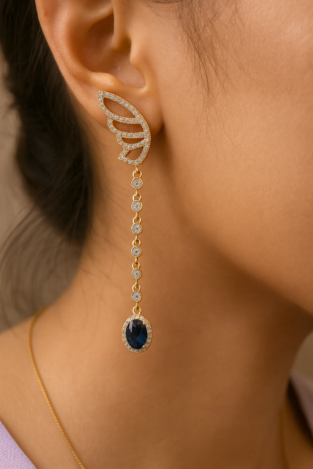 Midnight Elegance Butterfly Drop Earrings | Gold-Plated Sapphire Dangles