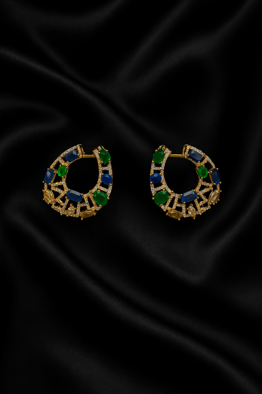 Royal Mosaic Hoop Earrings | Gold-Plated Blue & Green Crystal Statement Hoops