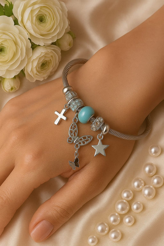 Blue Beads and Butterfly Silver Charm Bracelet