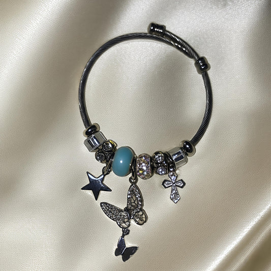 Blue Beads and Butterfly Silver Charm Bracelet