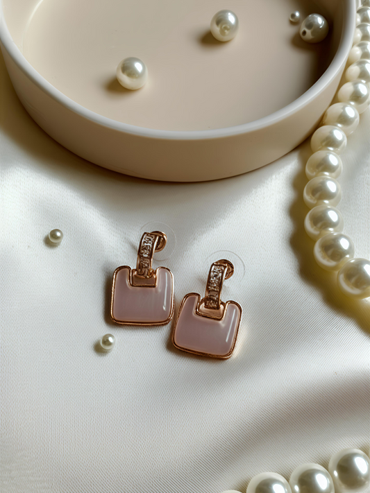 Rose Gold Geometric Drop Earrings with Pink Enamel