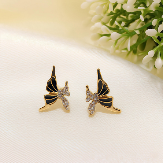 Elegant Black Enamel & Crystal Butterfly Stud Earrings