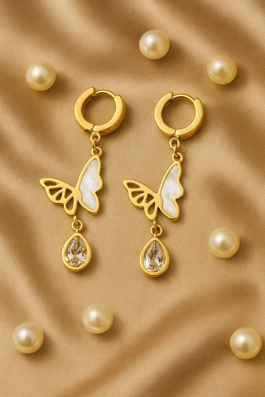 Gold Butterfly Drop Earrings with Crystal