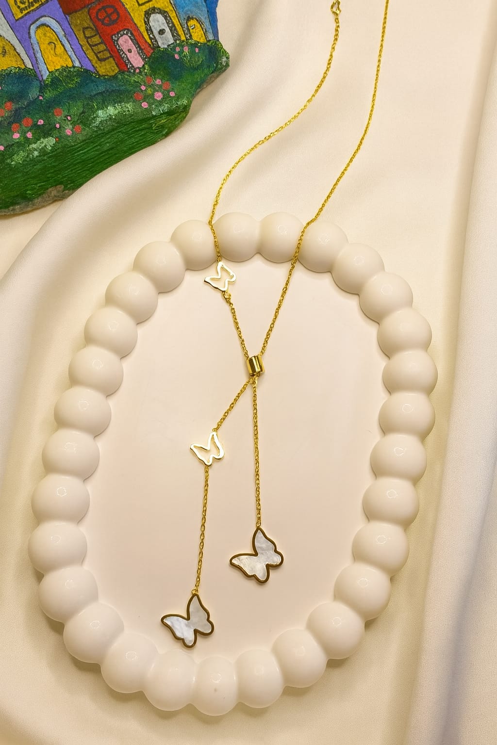 Gold Butterfly Pendant Lariat Necklace with Mother of Pearl Charms