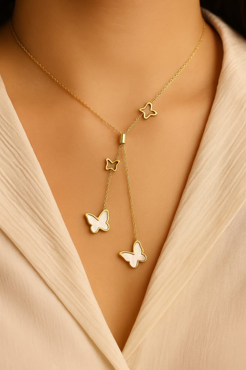 Gold Butterfly Pendant Lariat Necklace with Mother of Pearl Charms