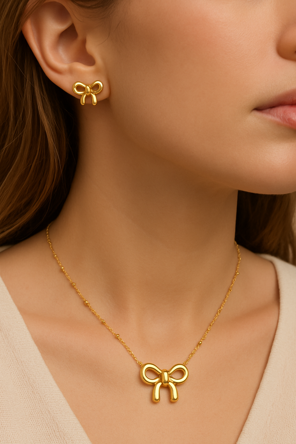 Gold Bow Necklace & Earrings Set – Minimalist Jewelry for Women