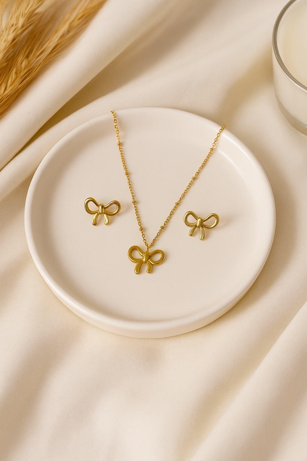 Gold Bow Necklace & Earrings Set – Minimalist Jewelry for Women