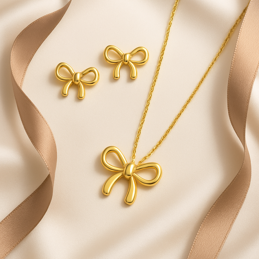Gold Bow Necklace & Earrings Set – Minimalist Jewelry for Women