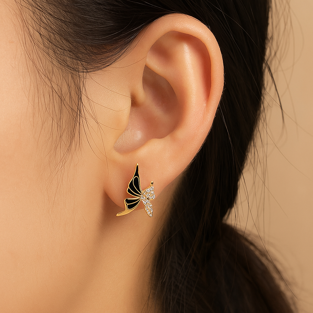 Elegant Black Enamel & Crystal Butterfly Stud Earrings